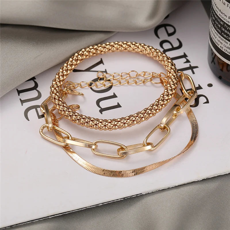 3PCS/Set Fashion Thick Chain Link Bracelets Bangles For Women Vintage Snake Chain Gold Silver Color Bracelets Set Punk Jewelry-Dollar Bargains Online Shopping Australia