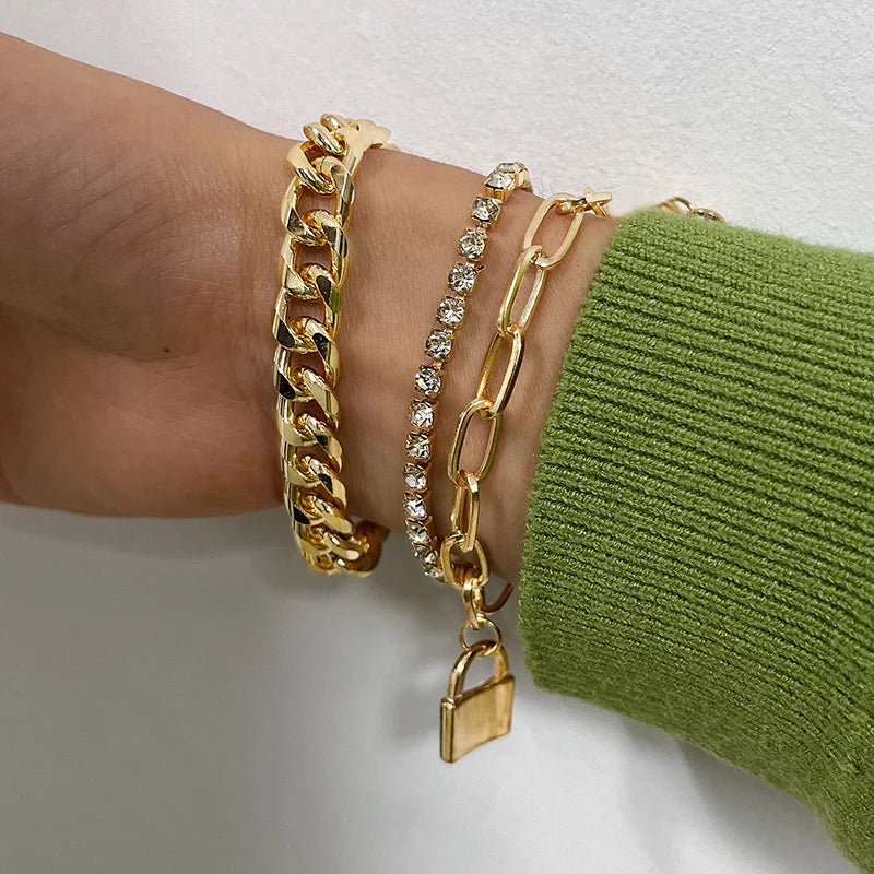 4pcs Punk Curb Cuban Chain Bracelets Set for Women Simple Thick Gold Color Charm Bracelets Fashion Jewelry Accessories New-Dollar Bargains Online Shopping Australia