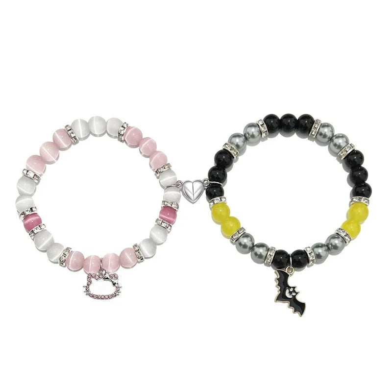 2Pcs/Set Pink Color Hello Cat Beaded Bracelets for Women Heart Magnetic Matching Couple Bracelets Girls Festival Jewelry Gifts-Dollar Bargains Online Shopping Australia