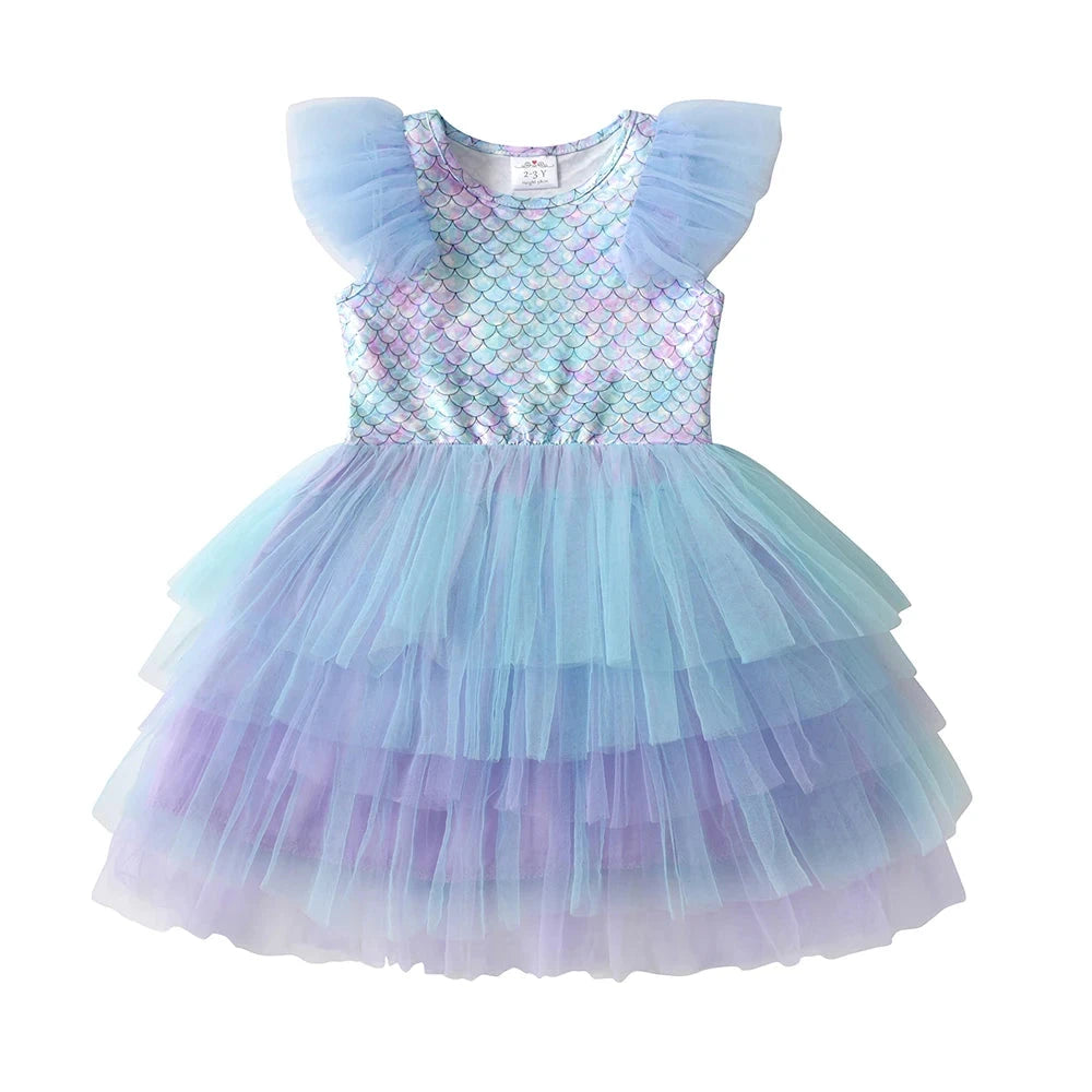 Girls Flare Sleeve Summer Dress Kids Mermaid Print Birthday Party Travel Beach Princess Dresses Girls Mesh Tulle Dress-Dollar Bargains Online Shopping Australia