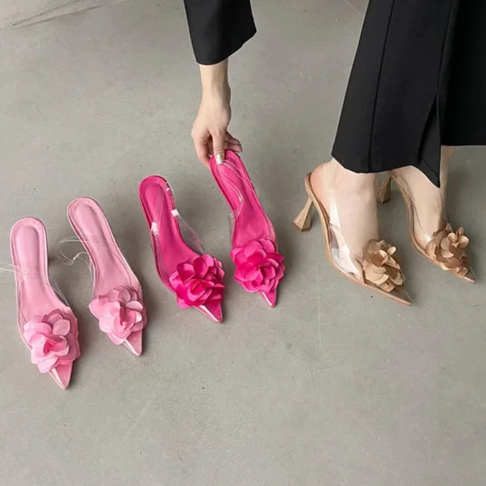 Women's Silk Flower Decorative Single Shoes Transparent PVC Pointed Slingbacks High Heels Party Dress-Dollar Bargains Online Shopping Australia