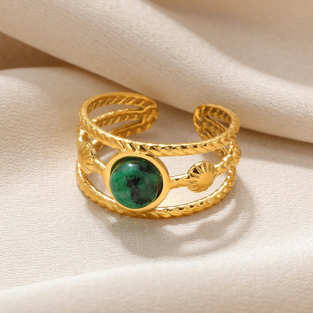 Stainless Steel Green Natural Stone Rings For Women Vintage Trend Punk Jewelry 18K Gold Color Opening Ring Christmas Gift New-Dollar Bargains Online Shopping Australia