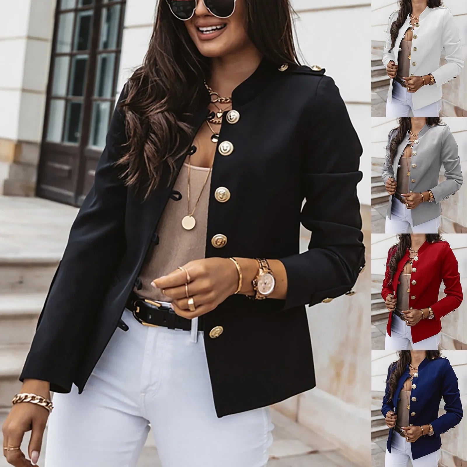 Women's Casual Slim Fit Solid Color Tops Button Long Sleeved Standing Collar Business Suit Jacket Trendy Office Short Suit Coat-Dollar Bargains Online Shopping Australia