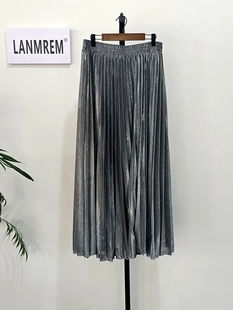 women clothes high waist A-line pleated sliver vintage elastic long halfbody skirt-Dollar Bargains Online Shopping Australia