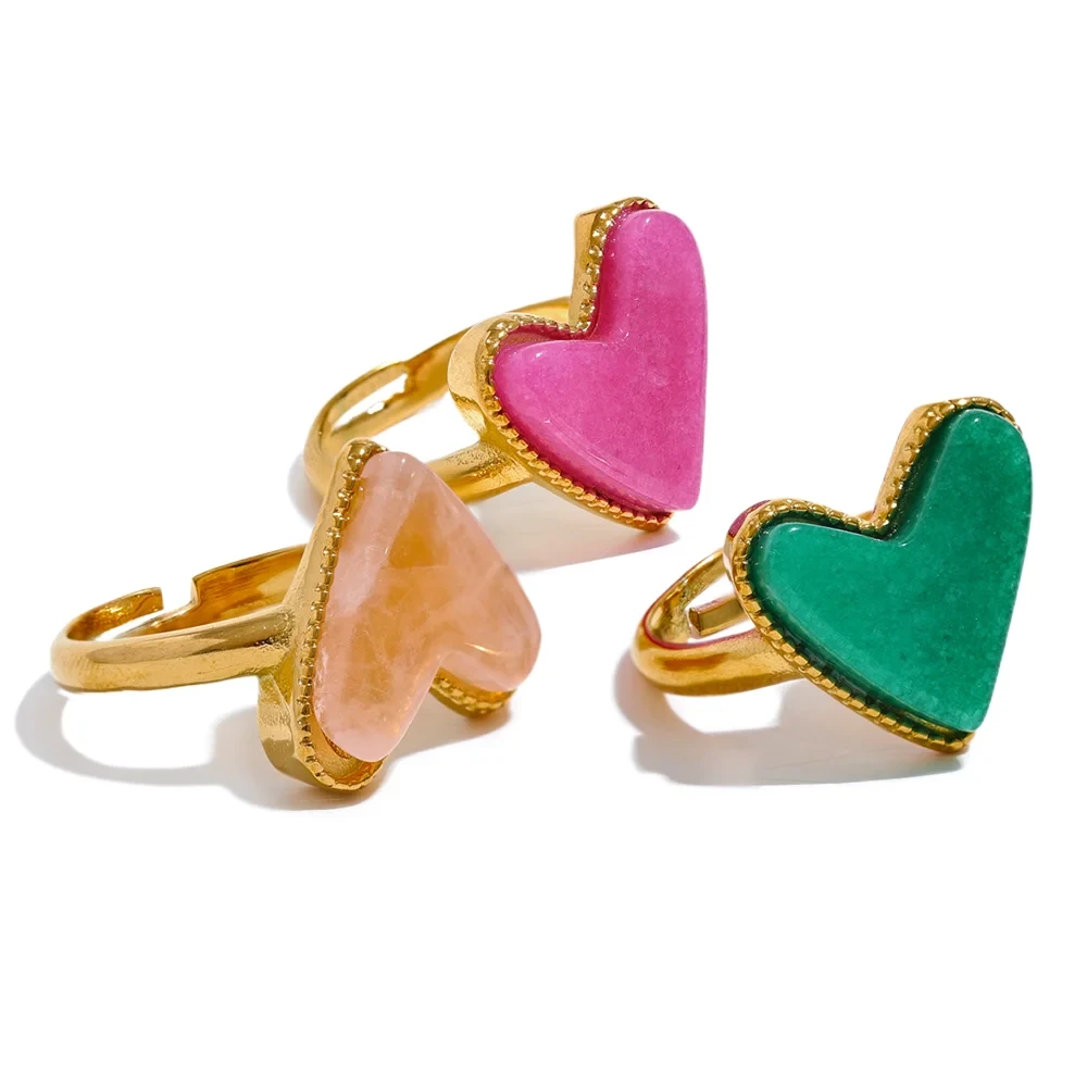 Candy Sweet Y2K Natural Stone Stainless Steel Heart Love Open Ring Adjustable Real Gold Plated Young Jewelry for Women-Dollar Bargains Online Shopping Australia