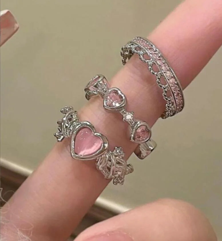 Y2K Crystal Rings Kpop Heart Adjustable Ring Irregular Geometry Punk Vintage Rings Set for Women Girls-Dollar Bargains Online Shopping Australia