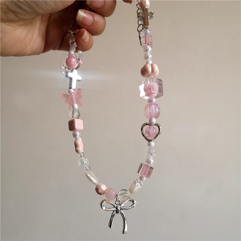 Kpop Goth Y2K Cute Pink Ribbon Bowknot Heart Pendant Pearl Beads Choker Necklace Girl Charm EMO 2000s Lolita Jewelry Accessories-Dollar Bargains Online Shopping Australia