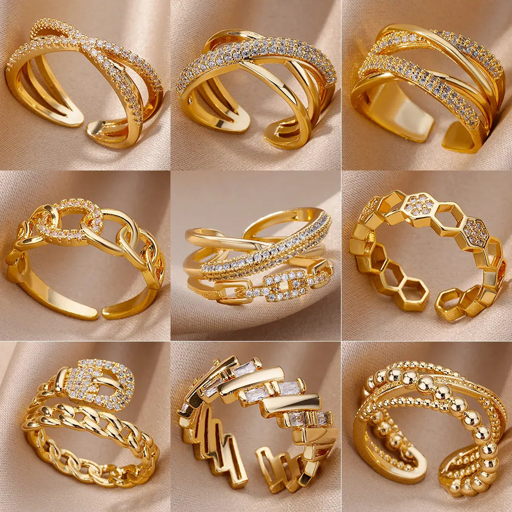 Gold Color Stainless Steel Rings For Women Chain Hollow Out Crystal Zircon Finger Ring-Dollar Bargains Online Shopping Australia