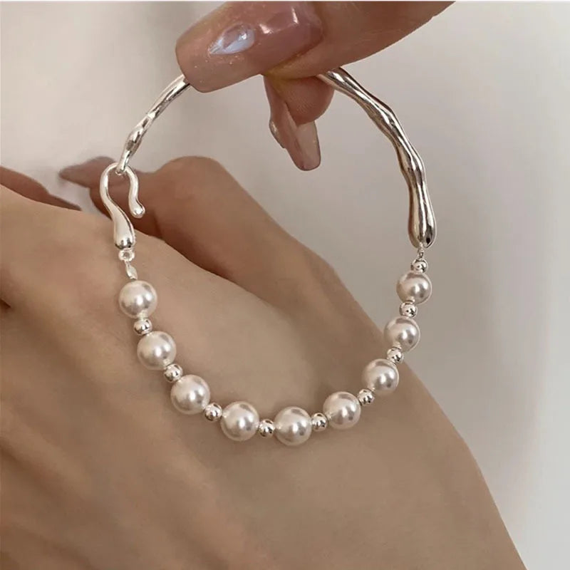 Silver Geometric Bead Pearl Punk Irregular Asymmetric Adjustable Bracelet For Woman Girl Fashion Jewelry-Dollar Bargains Online Shopping Australia