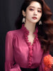 Chiffon Flare Long Sleeved Women's Clothing Spring V-Neck Ruffle Patchwork Solid Color Fashion Loose Elegant Shirt-Dollar Bargains Online Shopping Australia