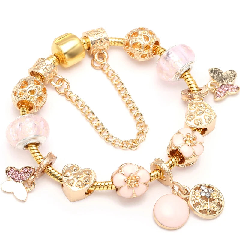 Luxury Crystal Bees Gold Color Charm Bracelet For Girl Murano Glass Beads Fine Bracelet For Women Couple DIY Jewelry Gift-Dollar Bargains Online Shopping Australia