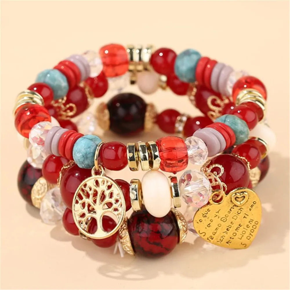 Bohemian Pink Crystal Beads Heart Charm Bracelets Women Girls Ethnic Tree Of Life Charm Wrap Bracelet-Dollar Bargains Online Shopping Australia