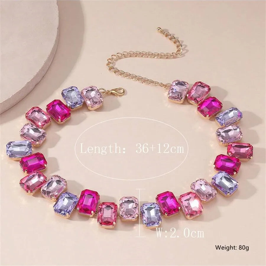 Square Pink Colorful Crystal Choker Necklaces for Women Geometric Clavicle Chain Necklaces Party Wedding Jewelry-Dollar Bargains Online Shopping Australia