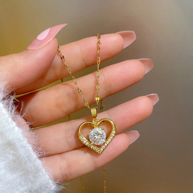 Gems Heart Pendant Necklace Golden Stainless Steel Lips Neck Chain Female Necklaces Jewelry for Girl-Dollar Bargains Online Shopping Australia