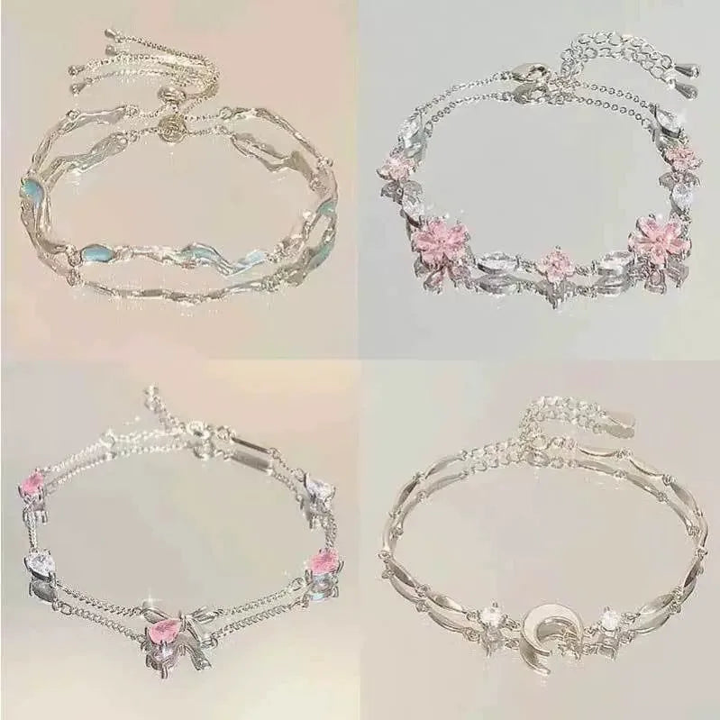 Shiny Pink Crystal Cherry Blossom Bracelets For Women Girls Sweet Moon Bow Flowers Zircon Bracelet Party Aesthetic Egirl Jewelry-Dollar Bargains Online Shopping Australia