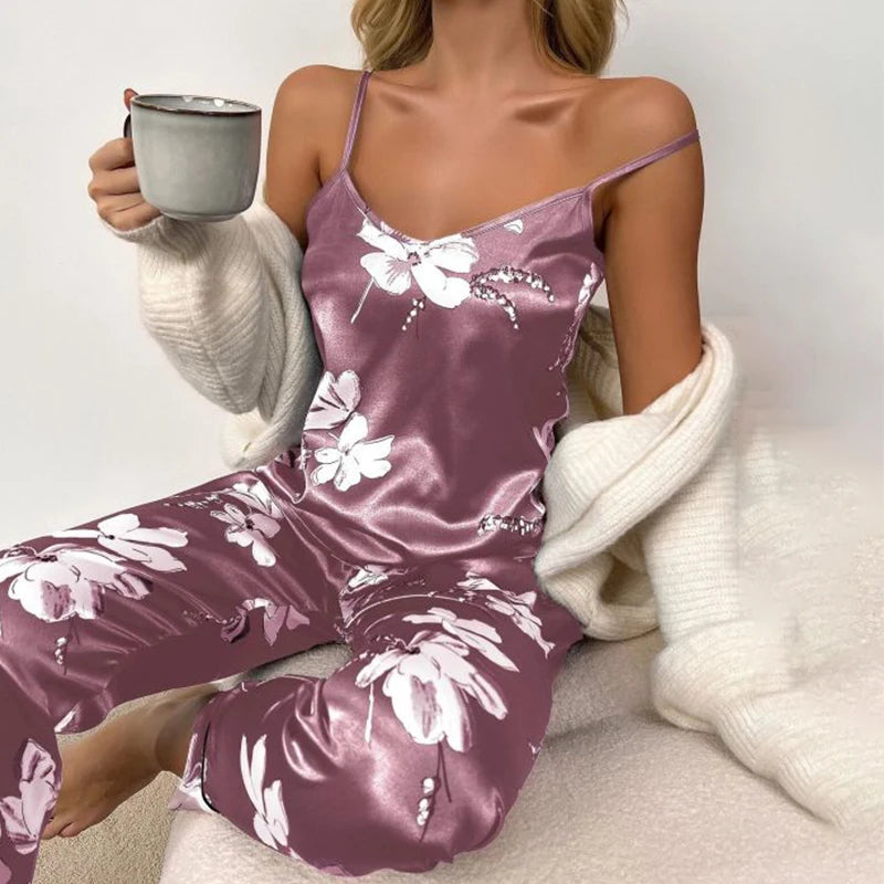 Women's Pijamas Sexy Lingerie Silk Pajamas Set Sleepwear Satin Cami Vest with Trousers Nightwear Pyjama-Dollar Bargains Online Shopping Australia