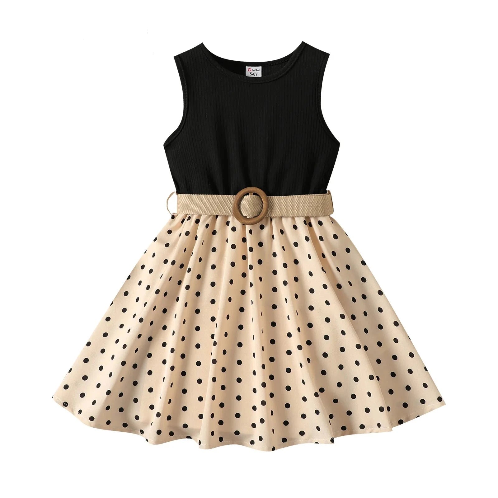 2pcs Girl Dresses Kids Clothes Girl Polka Dots Ribbed Girls Splice Sleeveless Dress & Belt-Dollar Bargains Online Shopping Australia