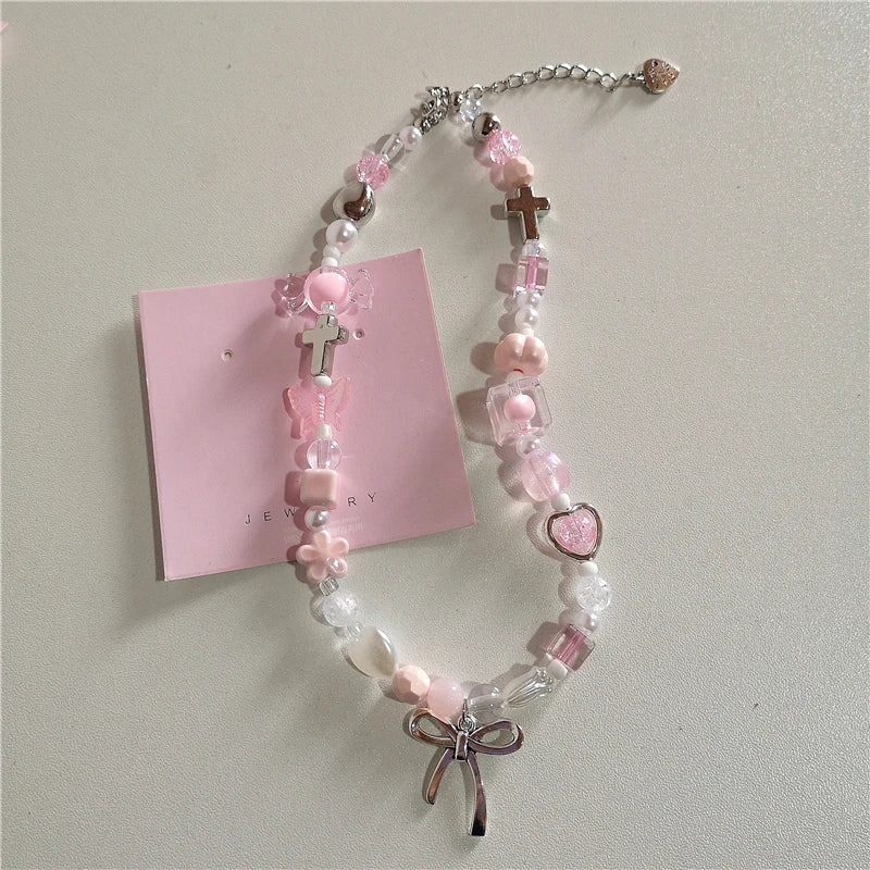 Kpop Goth Y2K Cute Pink Ribbon Bowknot Heart Pendant Pearl Beads Choker Necklace Girl Charm EMO 2000s Lolita Jewelry Accessories-Dollar Bargains Online Shopping Australia