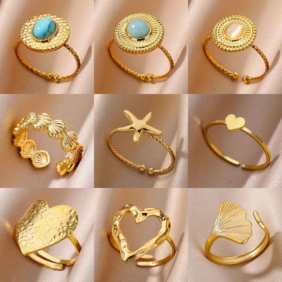 Gold Color Stainless Steel Shell Rings For Women Vintage Oval Blue Stone Adjustable Ring Fashion Party Jewelry Anniversary Gift-Dollar Bargains Online Shopping Australia