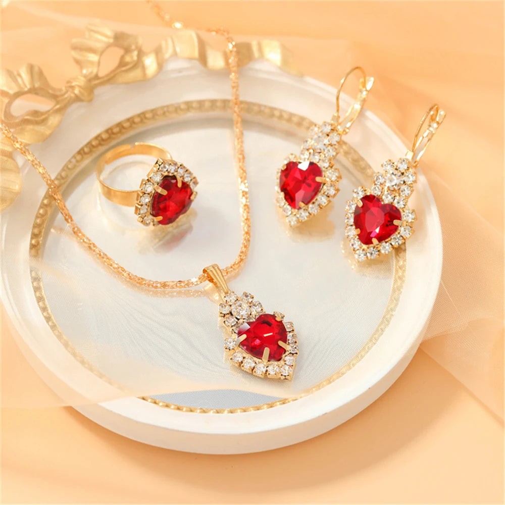 Luxurious Design Heart Shape Red Crystal Necklace Ring Earrings Jewelry Set Elegant Bridal Wedding Accessories Anniversary Gifts-Dollar Bargains Online Shopping Australia