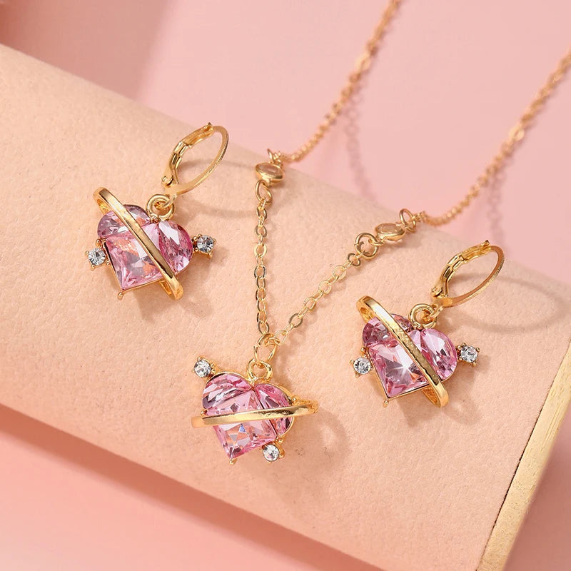 Crystal Angel Wings Heart Pendant Necklaces Set Ladies Girl Simple Y2K Pink White Zircon Love Elegant Necklace Women Jewelry Set-Dollar Bargains Online Shopping Australia