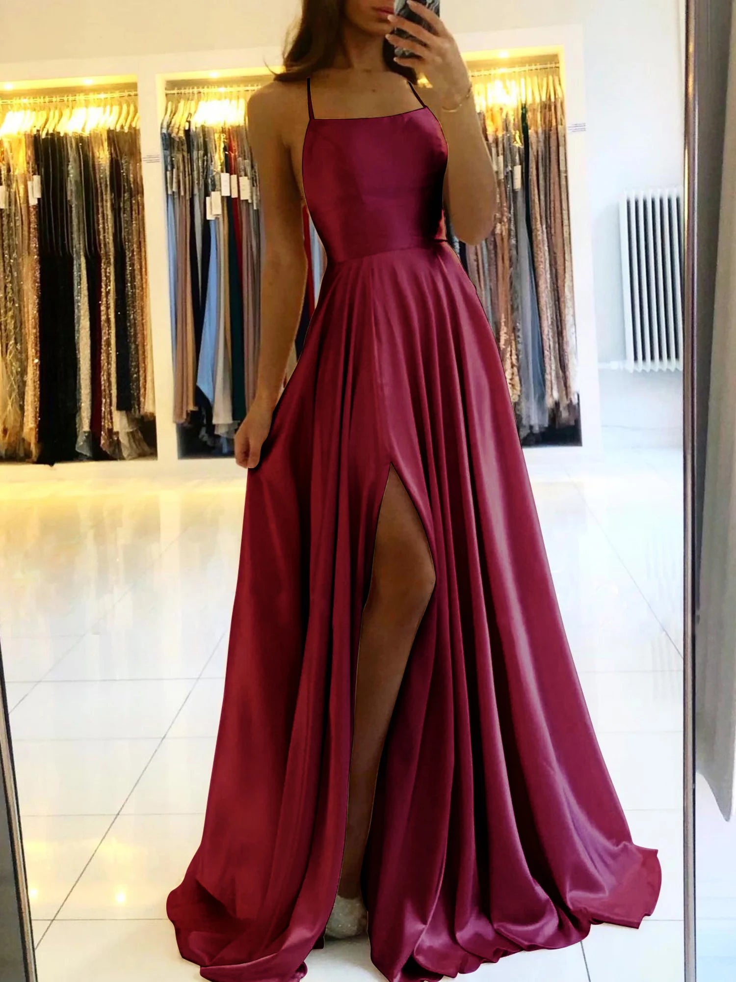 Soft Sliky Satin Bridesmaid Gown Cowl Neckline Thin Straps Leg Slit and Flowing A-line Skirt Women-Dollar Bargains Online Shopping Australia