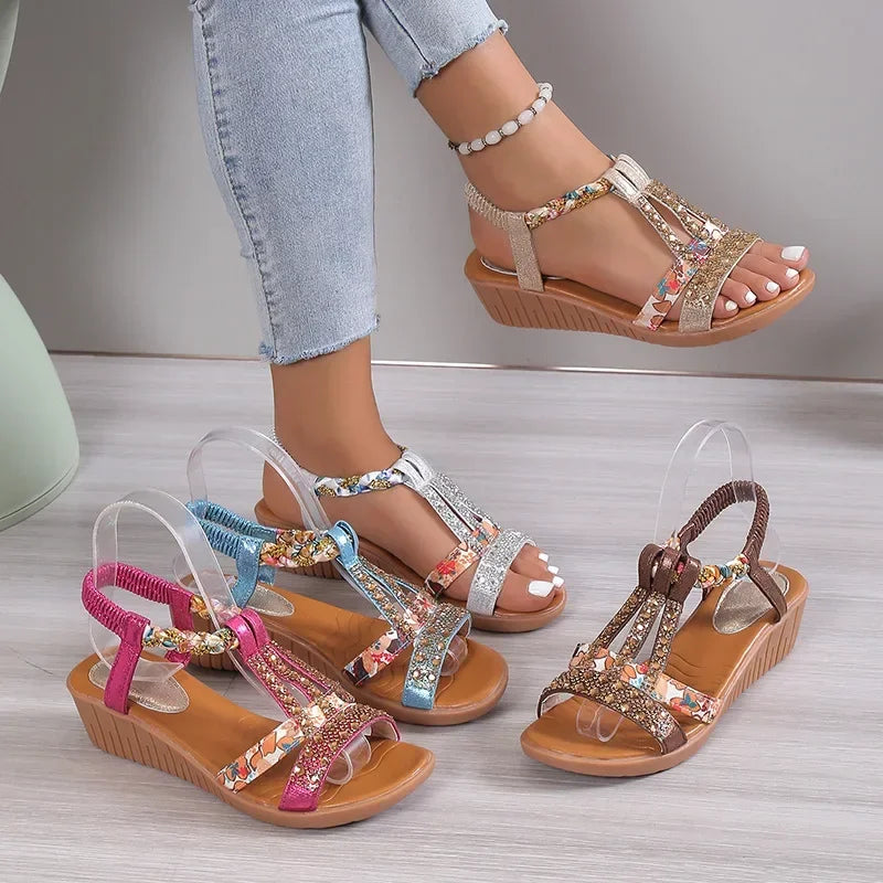 Women Wedge Sandals Summer Bohemia Rhinestones Casual Platform Sandals Female Peep Toe Outdoor Beach Shoes-Dollar Bargains Online Shopping Australia