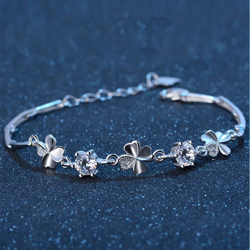 Sterling Silver Zircon Lucky Clover Shaped Bracelet Crystals Chain for Women-Dollar Bargains Online Shopping Australia