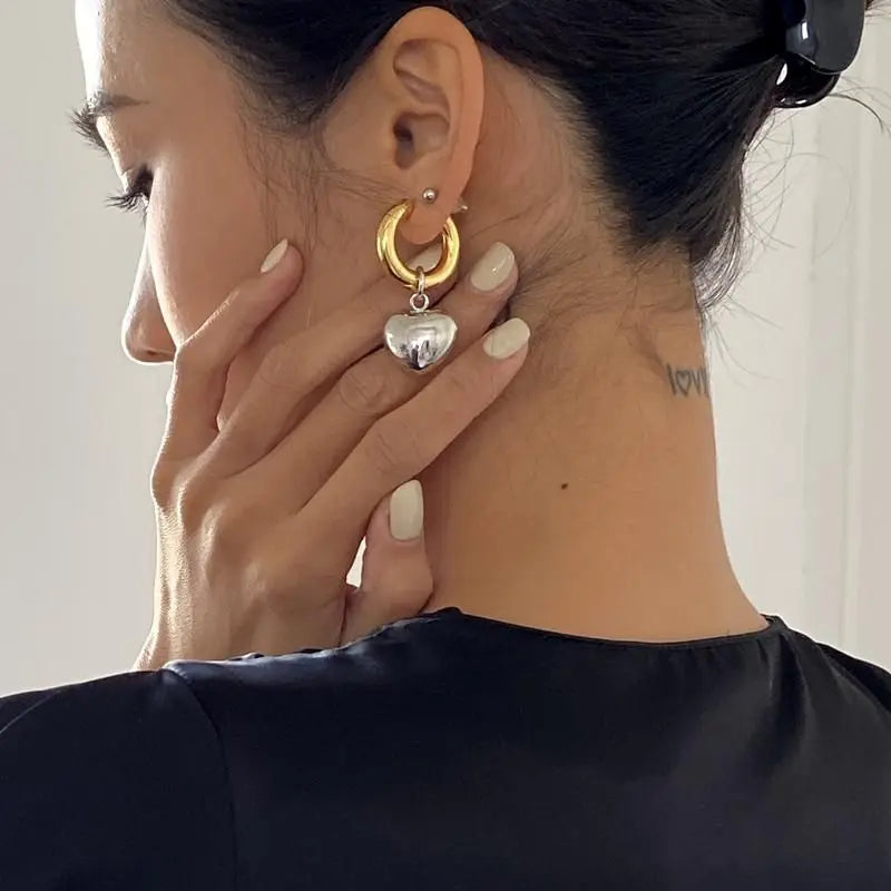 Statement Minimalist Gold Silver Color Mixed Solid Heart Pendant Hoop Earrings Street Style Korean Fashion Jewelry-Dollar Bargains Online Shopping Australia