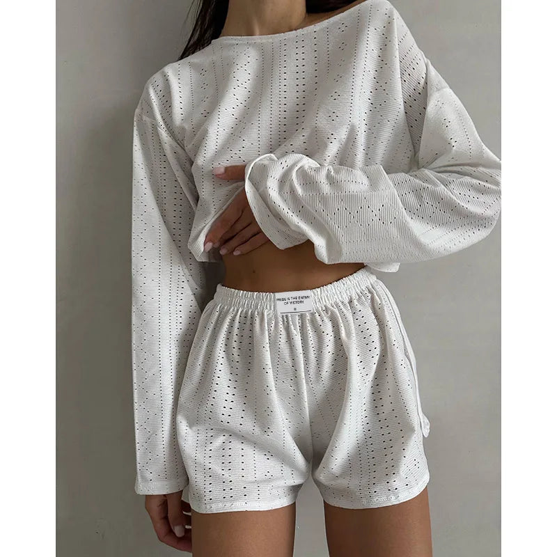 Women's Pajamas Set Spring Long Sleeve Tops With Shorts Sleepwear 2 Piece Set Loose Round Neck Home Wear Loungewear Pyjama Femme-Dollar Bargains Online Shopping Australia