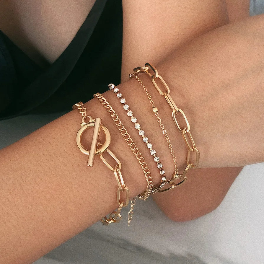 4pcs Punk Curb Cuban Chain Bracelets Set for Women Simple Thick Gold Color Charm Bracelets Fashion Jewelry Accessories New-Dollar Bargains Online Shopping Australia