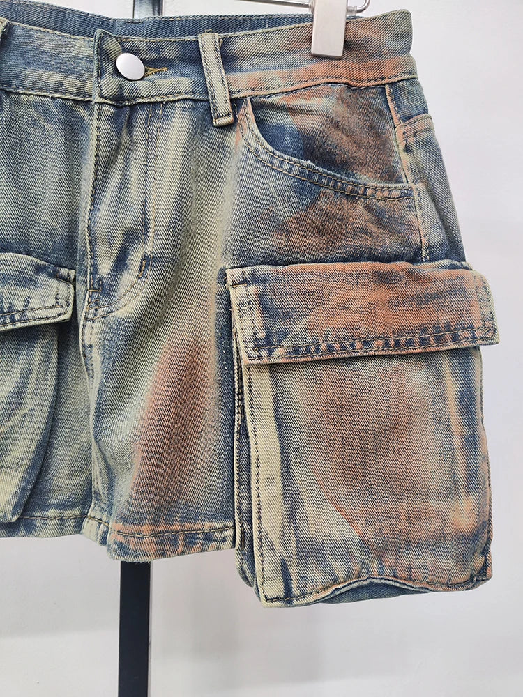 Women's Denim Skirts Multiple Pockets Patchwork Washed Lace-up Cargo A-line Mini Skirt-Dollar Bargains Online Shopping Australia