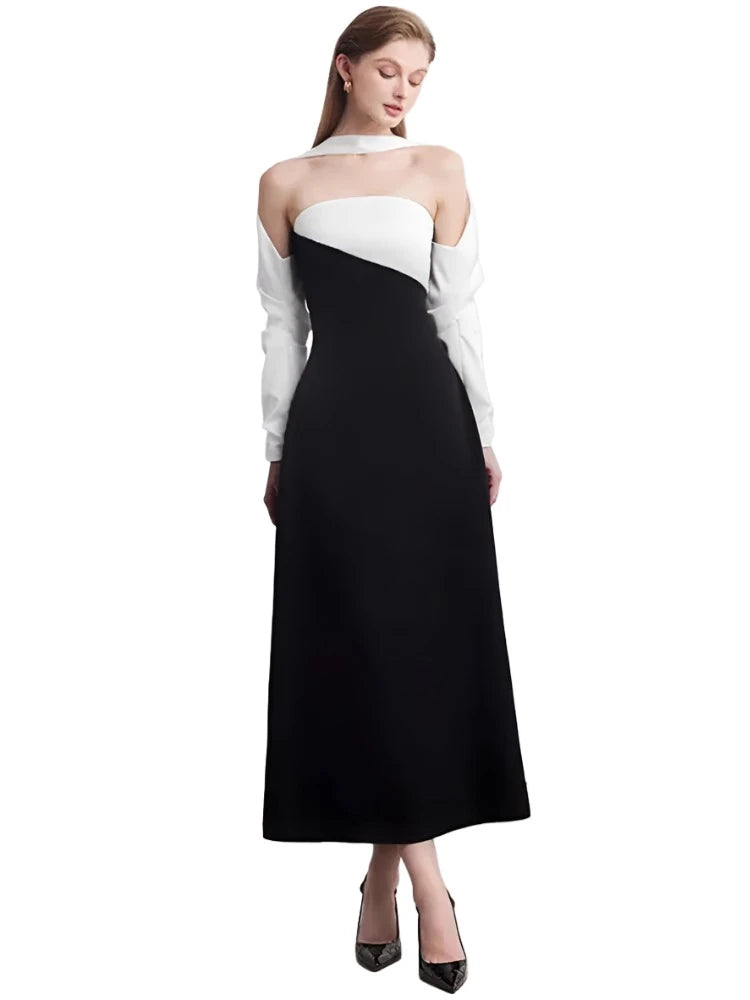 Elegant Dress Strapless Off Shoulder Contrast Color Asymmetric Women's Party Halter Dress-Dollar Bargains Online Shopping Australia