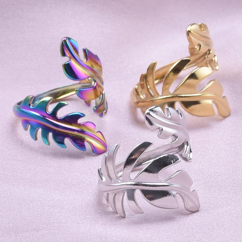 Leaf Shape Open Adjustable Rings For Women Stainless Steel Fashion Feather Shape Finger Rings Jewelry-Dollar Bargains Online Shopping Australia