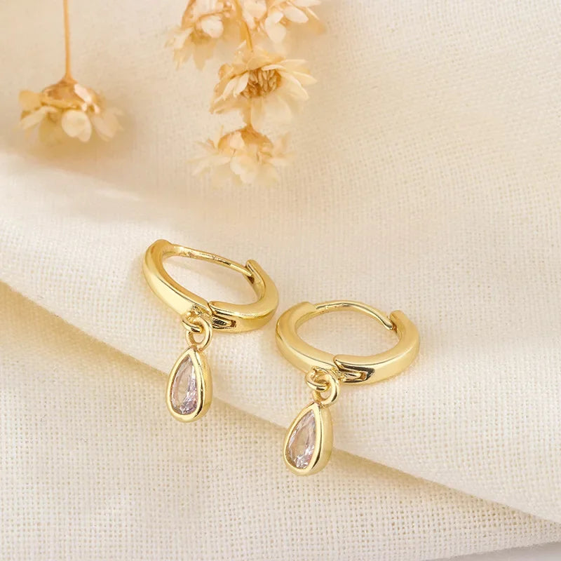 Gold Color Round Zircon Simple Drop Dangle Earrings for Women Charm Korean Hoop Jewelry Wedding Birthday Gift-Dollar Bargains Online Shopping Australia