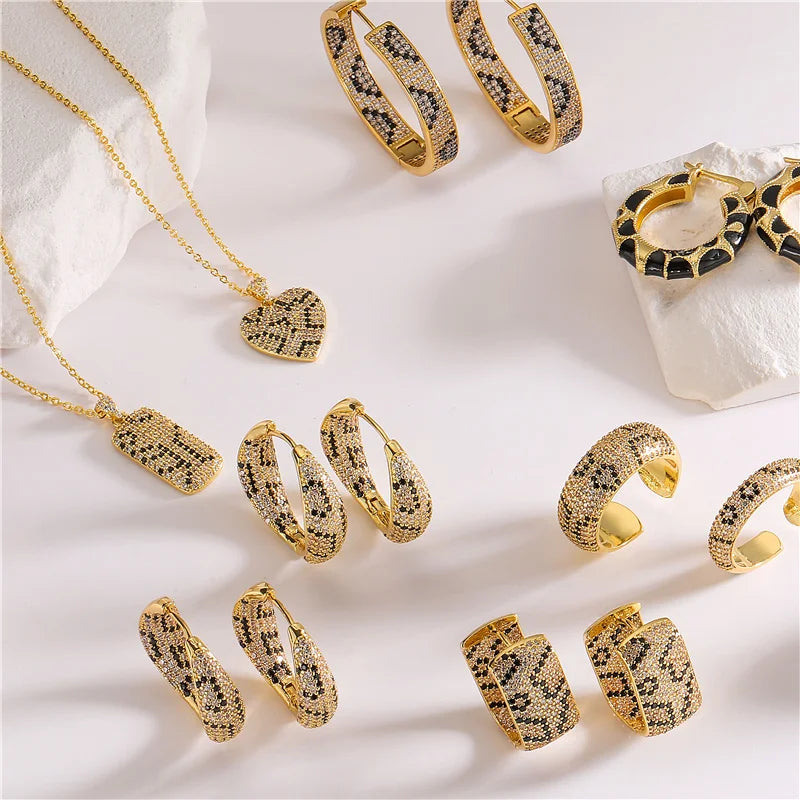 Leopard Print hoop Earrings rings necklace Fashion black white Cubic Zirconia women Geometric Jewelry set-Dollar Bargains Online Shopping Australia