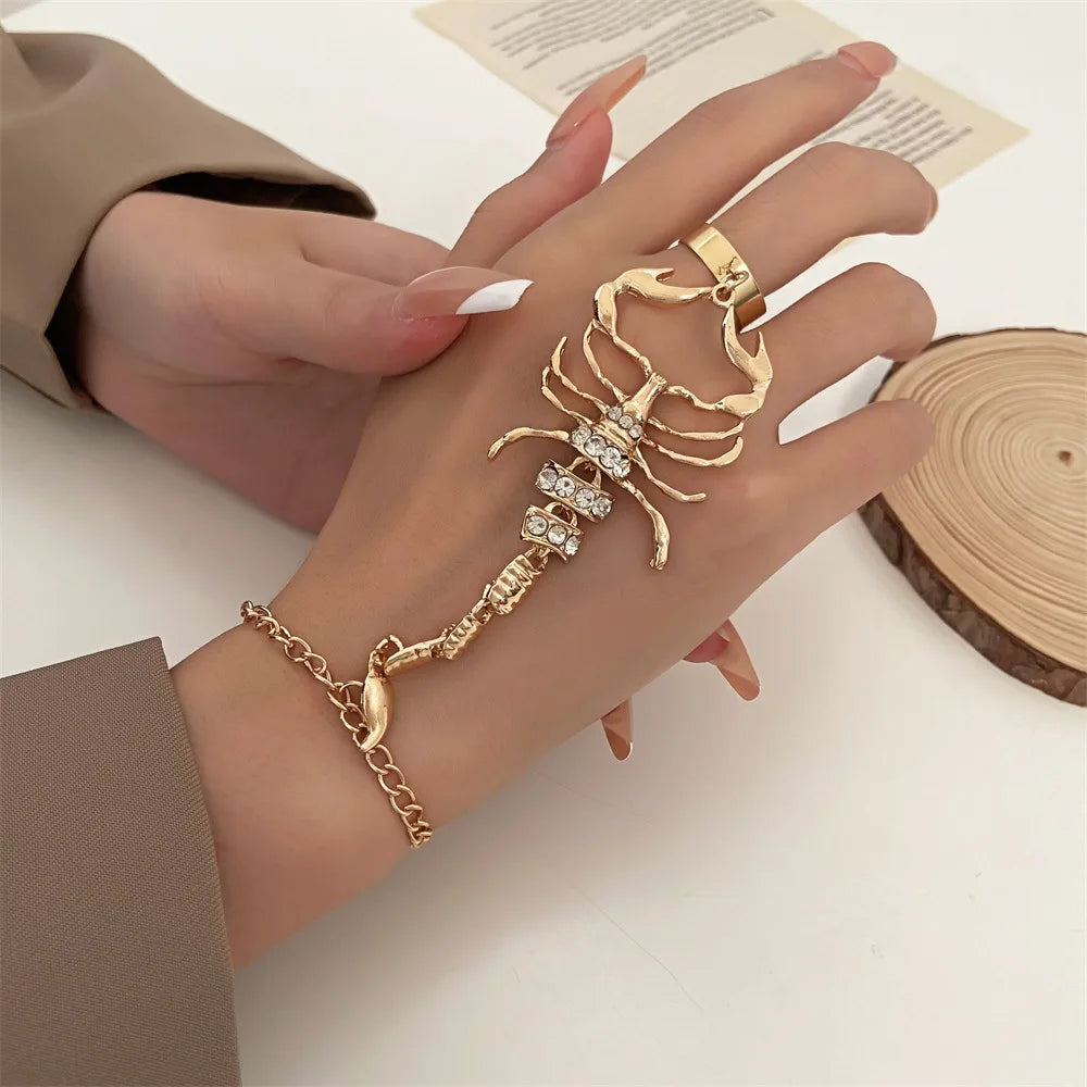 Vintage Punk Scorpion Tassel Chain Ring Bracelet Sets for Women Men Gothic Crystal Ring Connected Finger Charm Bracelets Jewelry-Dollar Bargains Online Shopping Australia