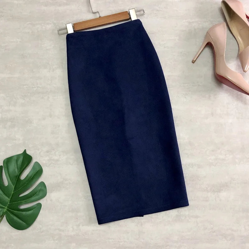 Multi Pencil Skirt Womens Solid Color High Waist Suede Sheath Back Split Midi Bodycon Skirts-Dollar Bargains Online Shopping Australia