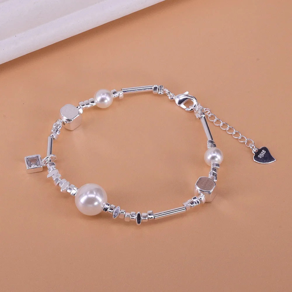 Silver Geometric Bead Pearl Punk Irregular Asymmetric Adjustable Bracelet For Woman Girl Fashion Jewelry-Dollar Bargains Online Shopping Australia