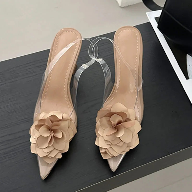 Women's Silk Flower Decorative Single Shoes Transparent PVC Pointed Slingbacks High Heels Party Dress-Dollar Bargains Online Shopping Australia