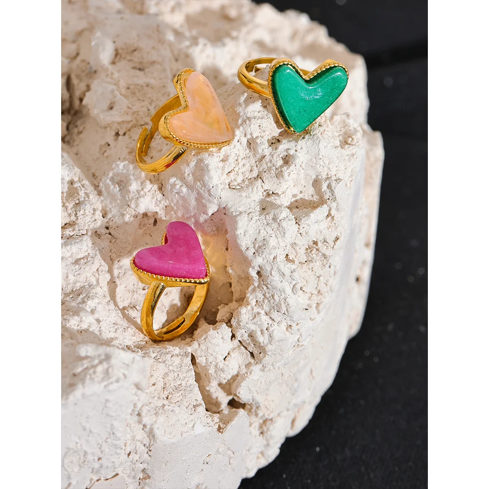 Candy Sweet Y2K Natural Stone Stainless Steel Heart Love Open Ring Adjustable Real Gold Plated Young Jewelry for Women-Dollar Bargains Online Shopping Australia