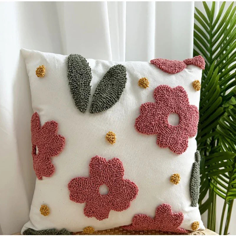 Nordic Style Flower Loop Tufted Cushion Cover Pink Plant Embroidered Decorative Pillows for Sofa Home Bedside Pillowcase-Dollar Bargains Online Shopping Australia