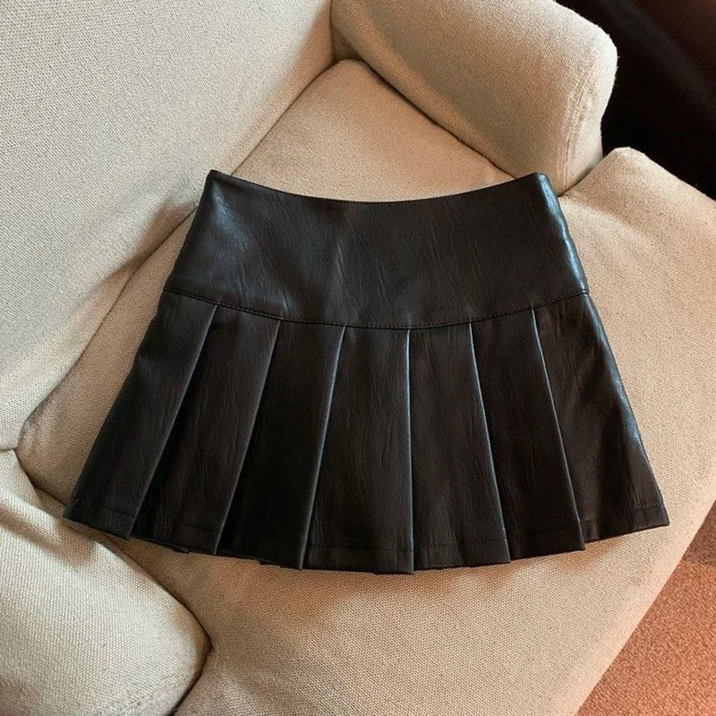 Y2K Pu Leather Mini Skirt Women Vintage High Waist Pleated Skirts Streetwear Korean Black Slim Casual A Line Skirts-Dollar Bargains Online Shopping Australia