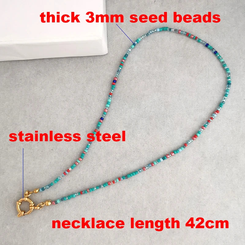 Imitation Pearl Necklace Women Choker Seed Beads Rainbow Stainless Steel Clasp Sailor Buckle Base Chain Gold Color Boho-Dollar Bargains Online Shopping Australia