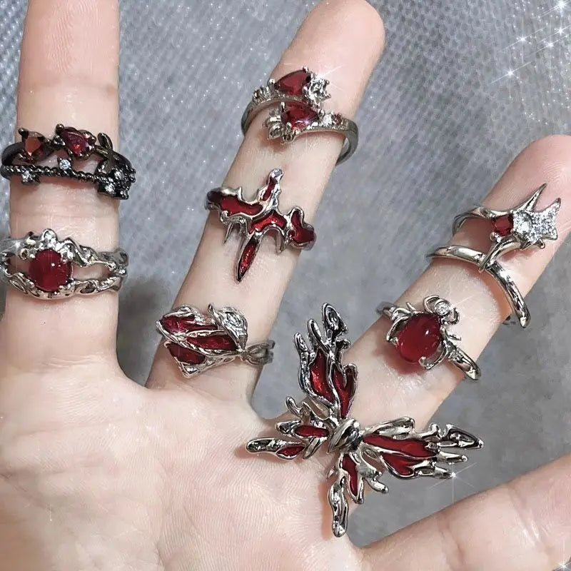 Vintage Red Enamel Cross Open Rings For Women Men Punk Hip Hop Irregular Lava Texture Rings Y2K Aesthetic Jewelry-Dollar Bargains Online Shopping Australia