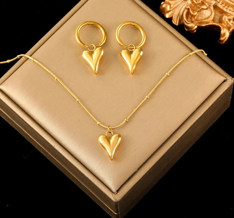 Gold Color Heart Love Necklace Earrings Trendy For Women New Party Gift Waterproof Jewelry Set-Dollar Bargains Online Shopping Australia