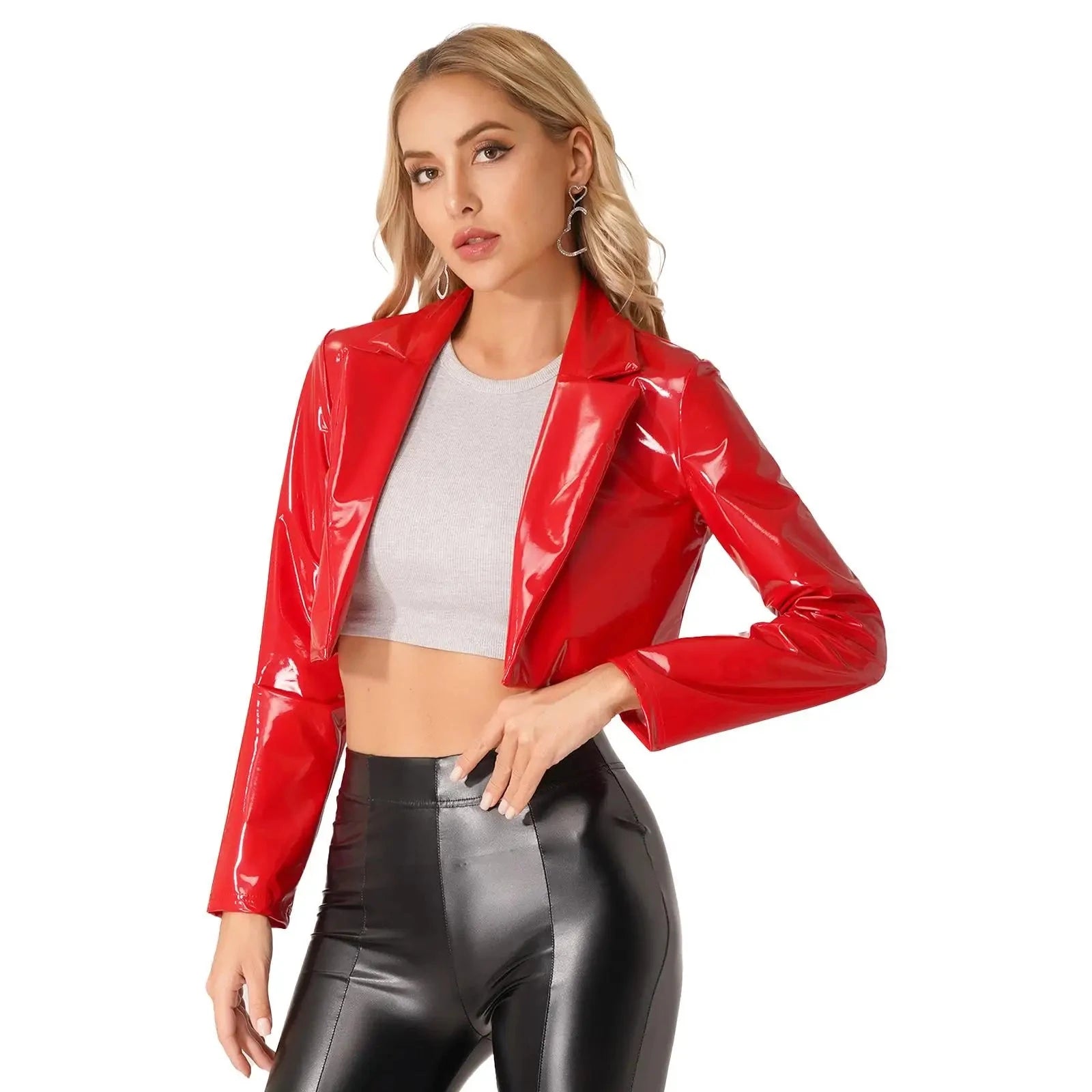 Women's Glossy Leather Jacket Wetlook Blazer with Lapels Short Jacket Latex Leather Long Sleeve Cropped Coat Rave Party Clubwear-Dollar Bargains Online Shopping Australia