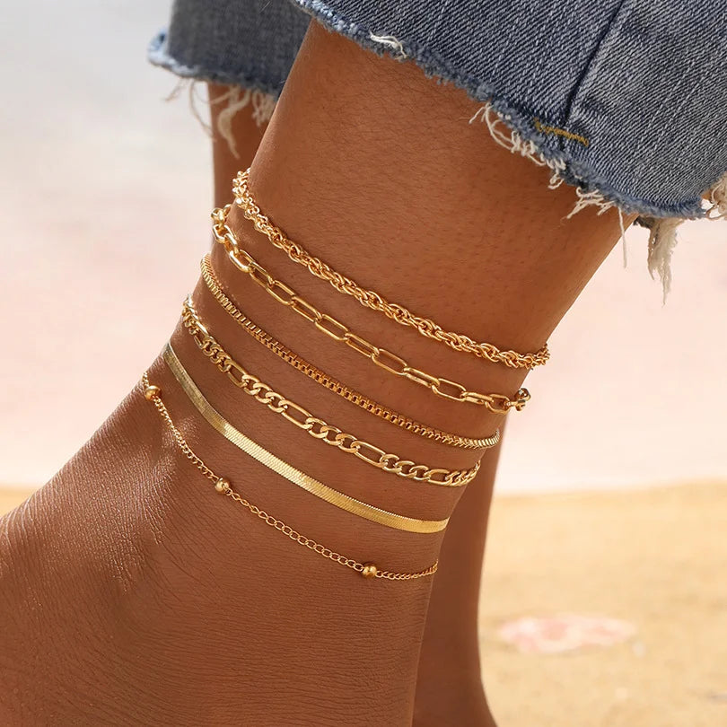 7pc/set Bohemian Rice Beads Starfish Pendant Anklet Set Fashion Summer Beach Sea Shell Multilayer Ankle Bracelet On Foot Jewelry-Dollar Bargains Online Shopping Australia