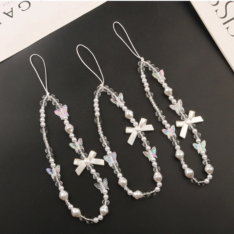 Creative Crystal Bowknot Pearl Beaded Mobile Phone Straps for Women Phone Case Key Chain Bag Pendant Decoration Accessories-Dollar Bargains Online Shopping Australia