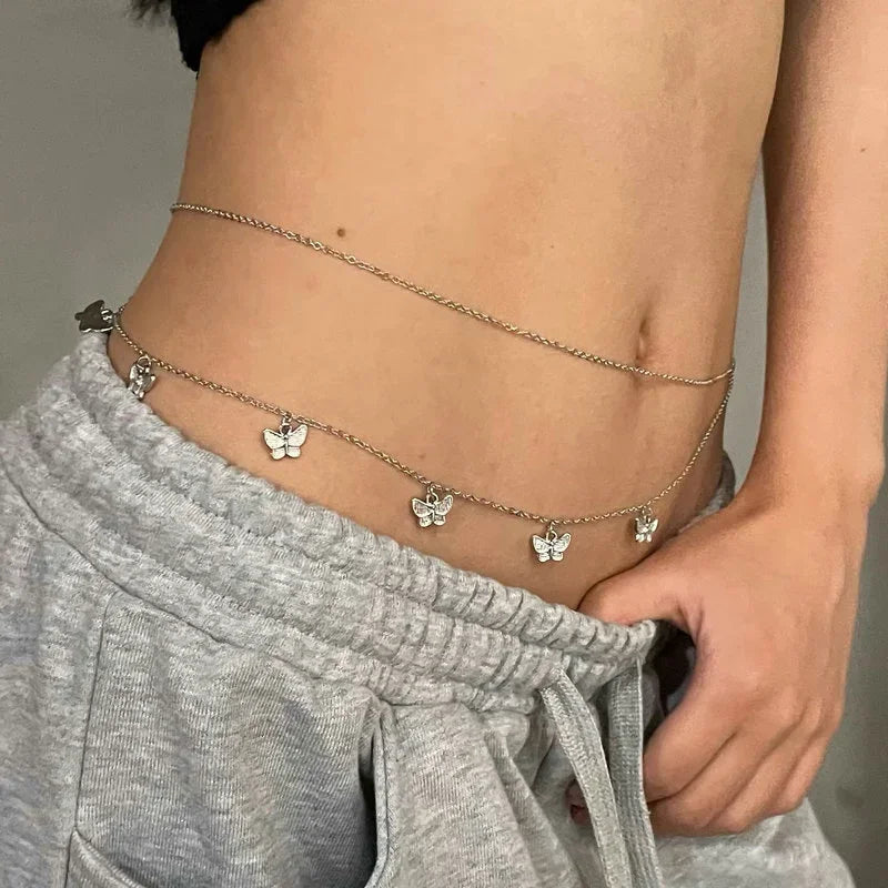 Double Thin Chain Women's Waist Chain Charming Butterfly Stainless Steel Belly Chain Summer Beach Bikini Body Jewelry-Dollar Bargains Online Shopping Australia